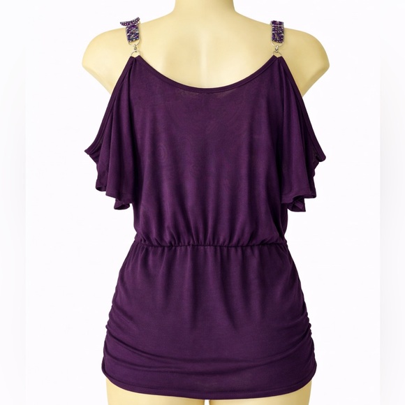 Rhapsody Purple Cold Shoulder Beaded Strap Y2K Top Ruched XS Small - Picture 3 of 6